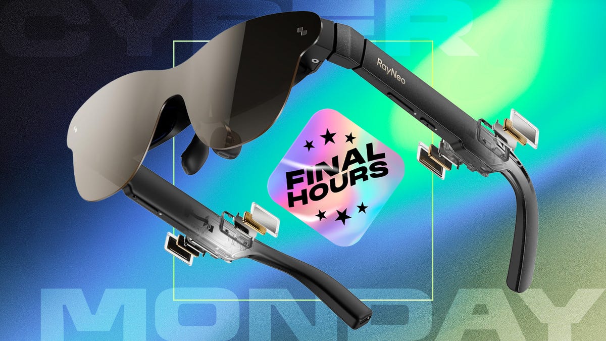 Black smart glasses against dark blue, blue and green CNET background.