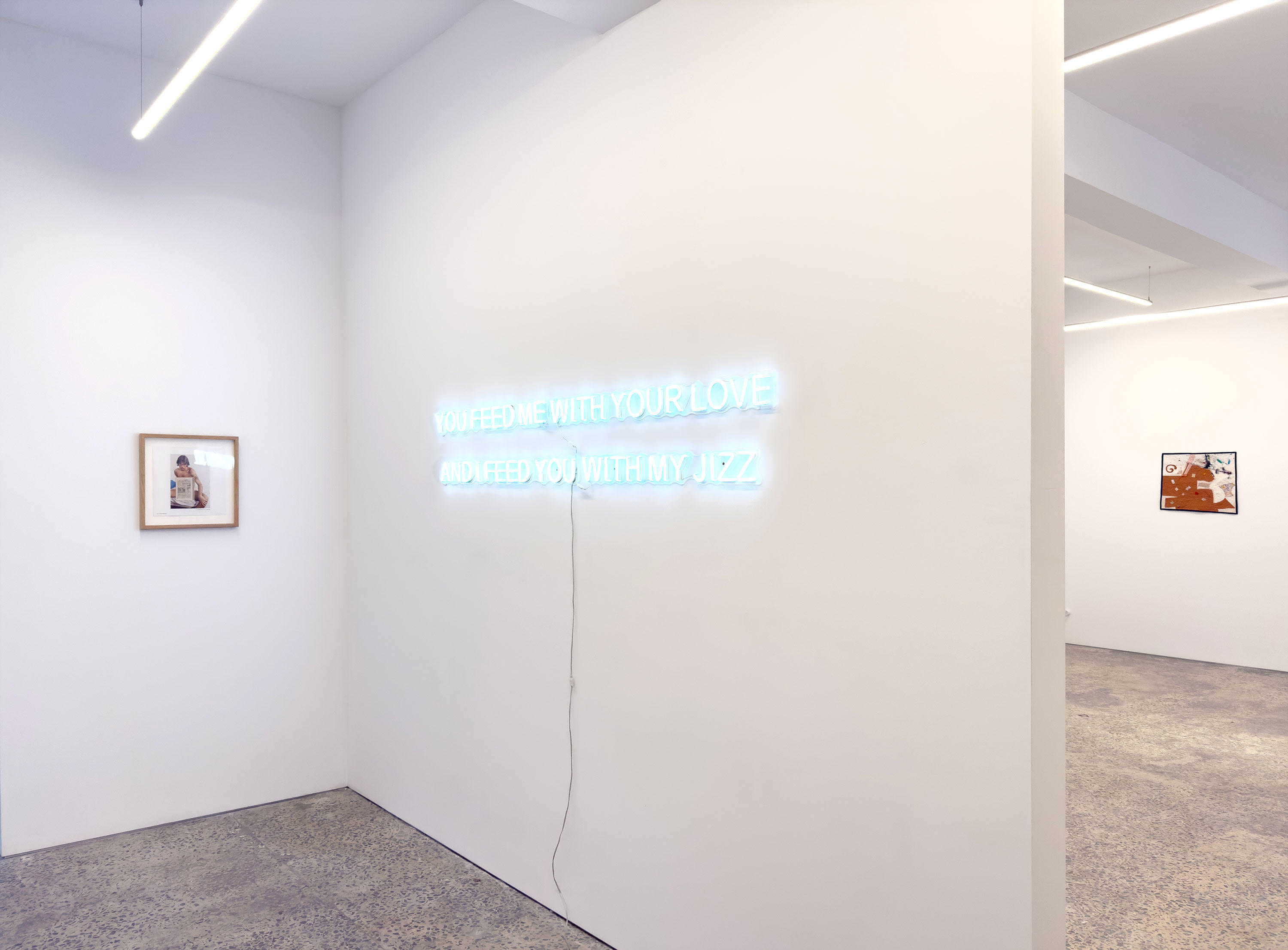 <p><em>Family Values</em>, group show, FUTURES, 2025. Left: Stuart Ringholt, <em>Nudes,</em> 2013. Centre: Chunxiao Qu, <em>YOU FEED ME WITH YOUR LOVE AND I FEED YOU WITH YOUR JIZZ</em>, 2019; right: Merryn Lloyd, <em>Soft Painting</em>, 2025. Photo courtesy of the artists and FUTURES, Melbourne.</p>