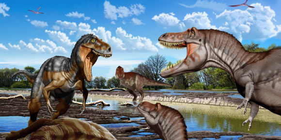 A Late Cretaceous face-off between an adult Nanotyrannus lancensis (left) and two juvenile Tyrannosaurus rex, with a sub-adult Tyrannosaurus rex watching from a distance. Image credit: Jorge Gonzalez.