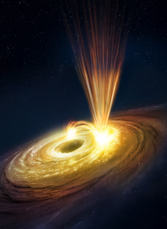 An artist’s impression of the flaring, windy supermassive black hole in NGC 3783. Image credit: ESA / ATG Europe.