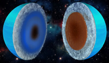 Uranus could be an ice giant (left) or a rock giant (right) depending on the model assumptions. Image credit: Keck Institute for Space Studies / Chuck Carter.
