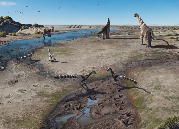 Paleoartistic reconstruction of Quebrada Huatacondo during the Late Jurassic epoch. Image credit: Nahuel Vásquez.