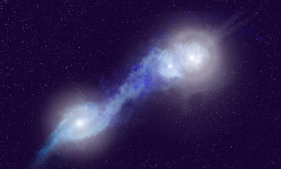 An artist’s impression of a rare trio of merging galaxies, J121/1219+1035, which host three actively feeding, radio-bright supermassive black holes and whose jets light up the surrounding gas. Image credit: NSF / AUI / NRAO / P. Vosteen.