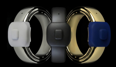 Three metal rings with silicone buttons on them: Pebble Index 01 smart ring