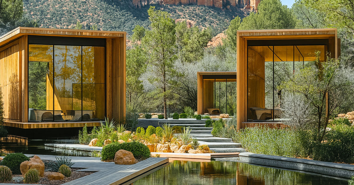 recycled wood clads wellness retreat’s meditation pavilions in arizona