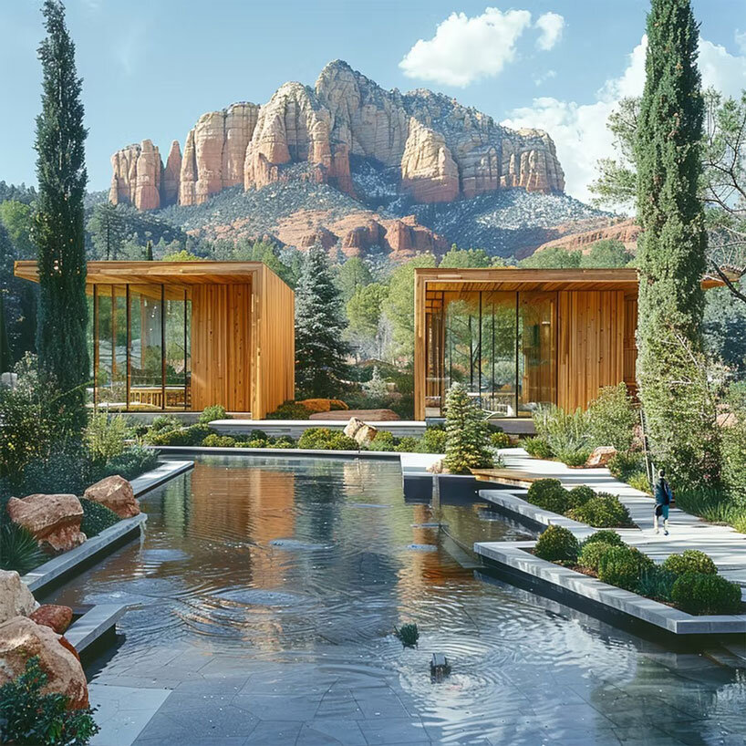 recycled wood clads wellness retreat’s meditation pavilions in arizona