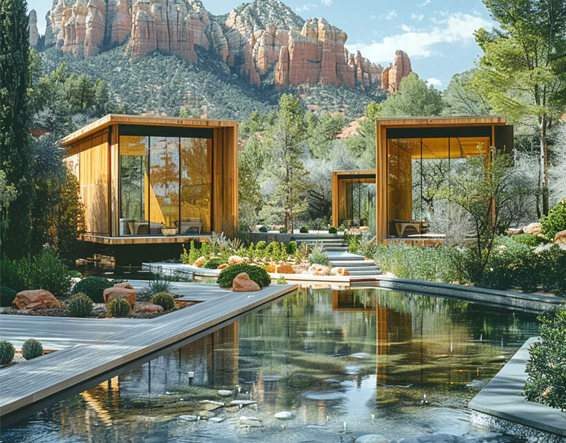 recycled wood clads wellness retreat’s meditation pavilions in arizona