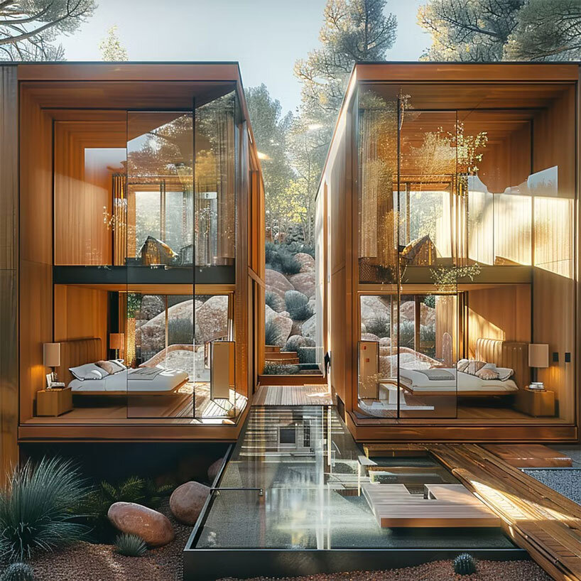 recycled wood clads wellness retreat’s meditation pavilions in arizona