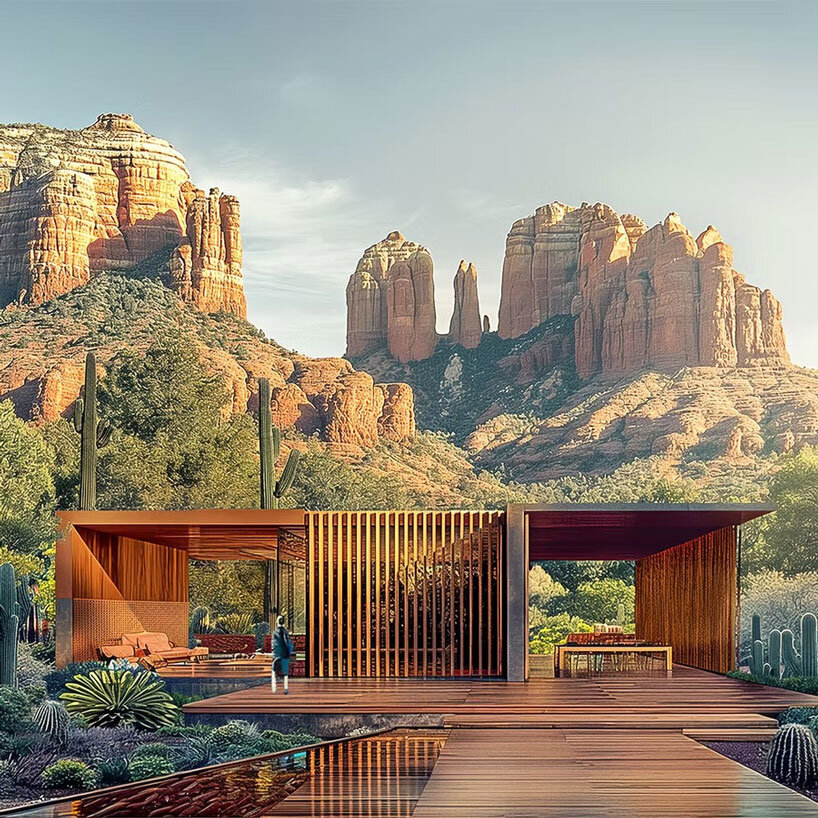 recycled wood clads wellness retreat’s meditation pavilions in arizona