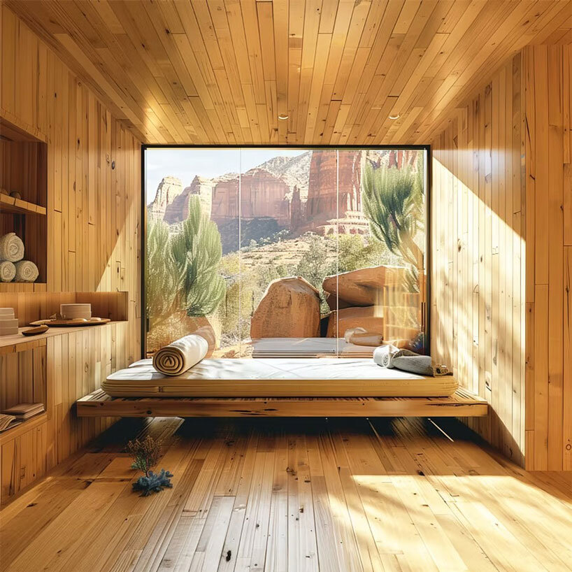 recycled wood clads wellness retreat’s meditation pavilions in arizona