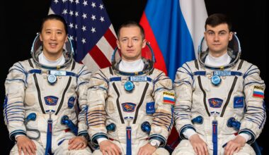 Soyuz MS-27 crew members (frm left) NASA astronaut Jonny Kim and Roscosmos cosmonauts Sergey Ryzhikov and Alexey Zubritsky pose for a portrait at the Gagarin Cosmonaut Training Center in Russia.