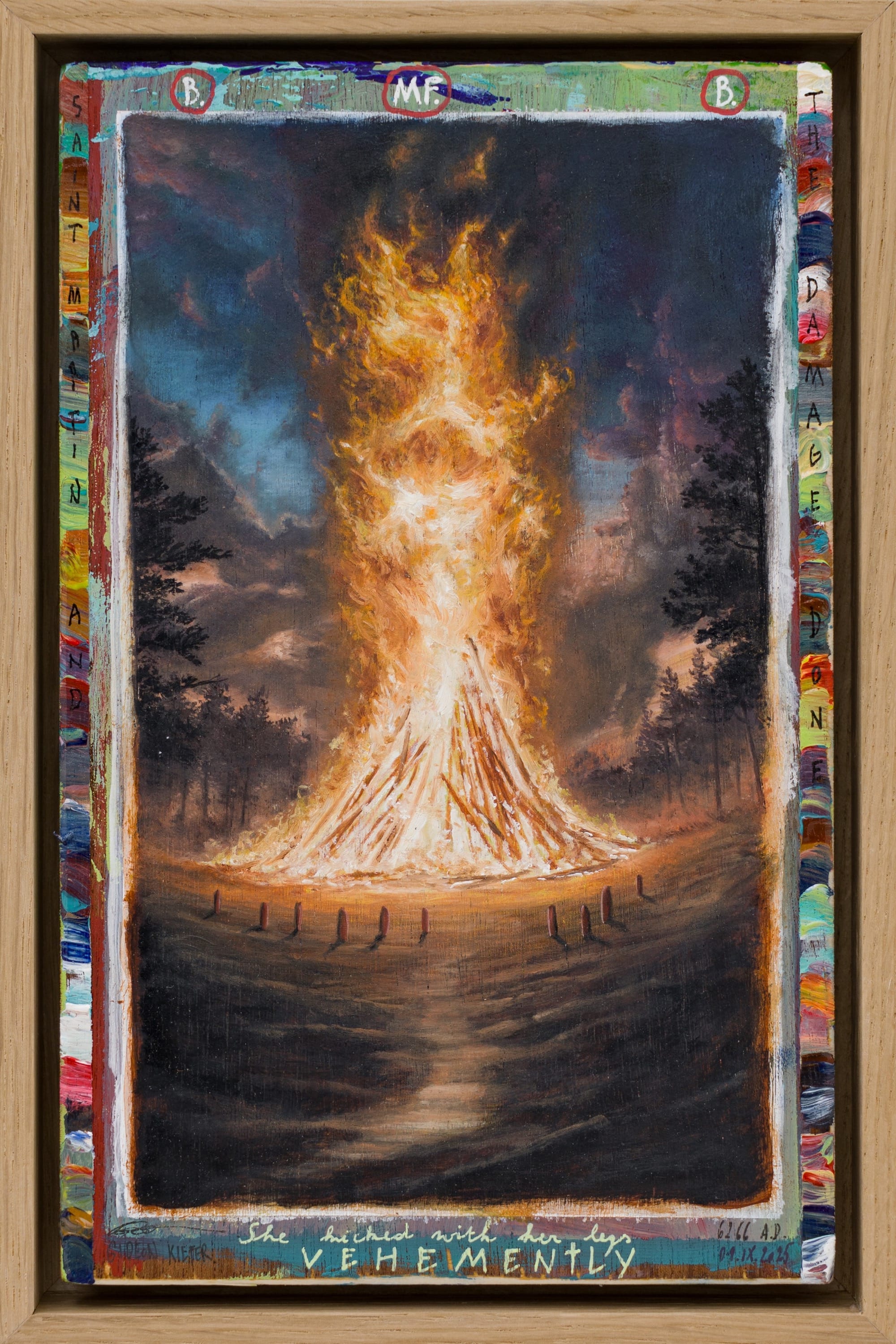 A framed vertical painting by Gideon Kiefer of a bonfire with some notations and color swatches around the edges