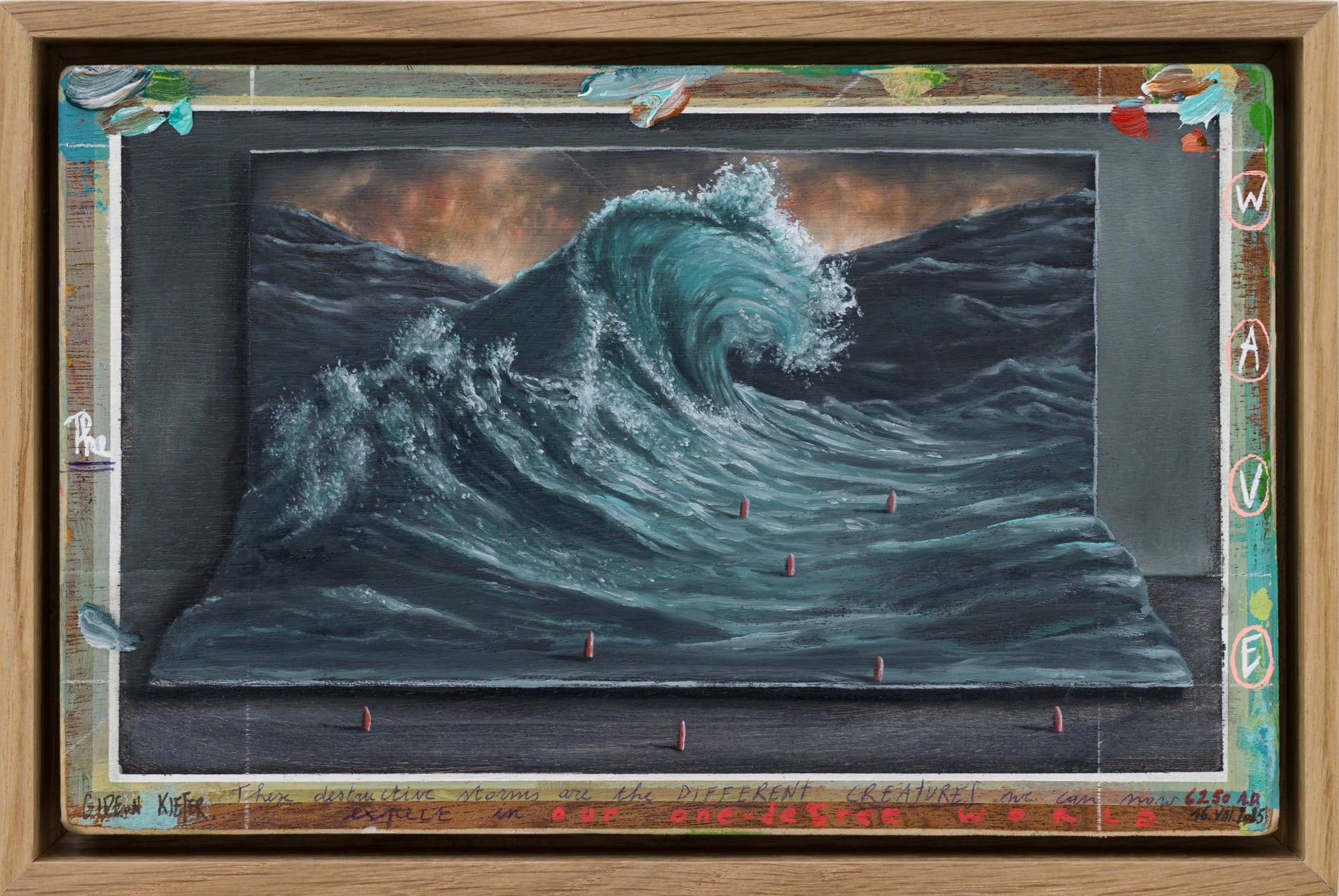 A framed painting by Gideon Kiefer of a wave with some notations and color swatches around the edges