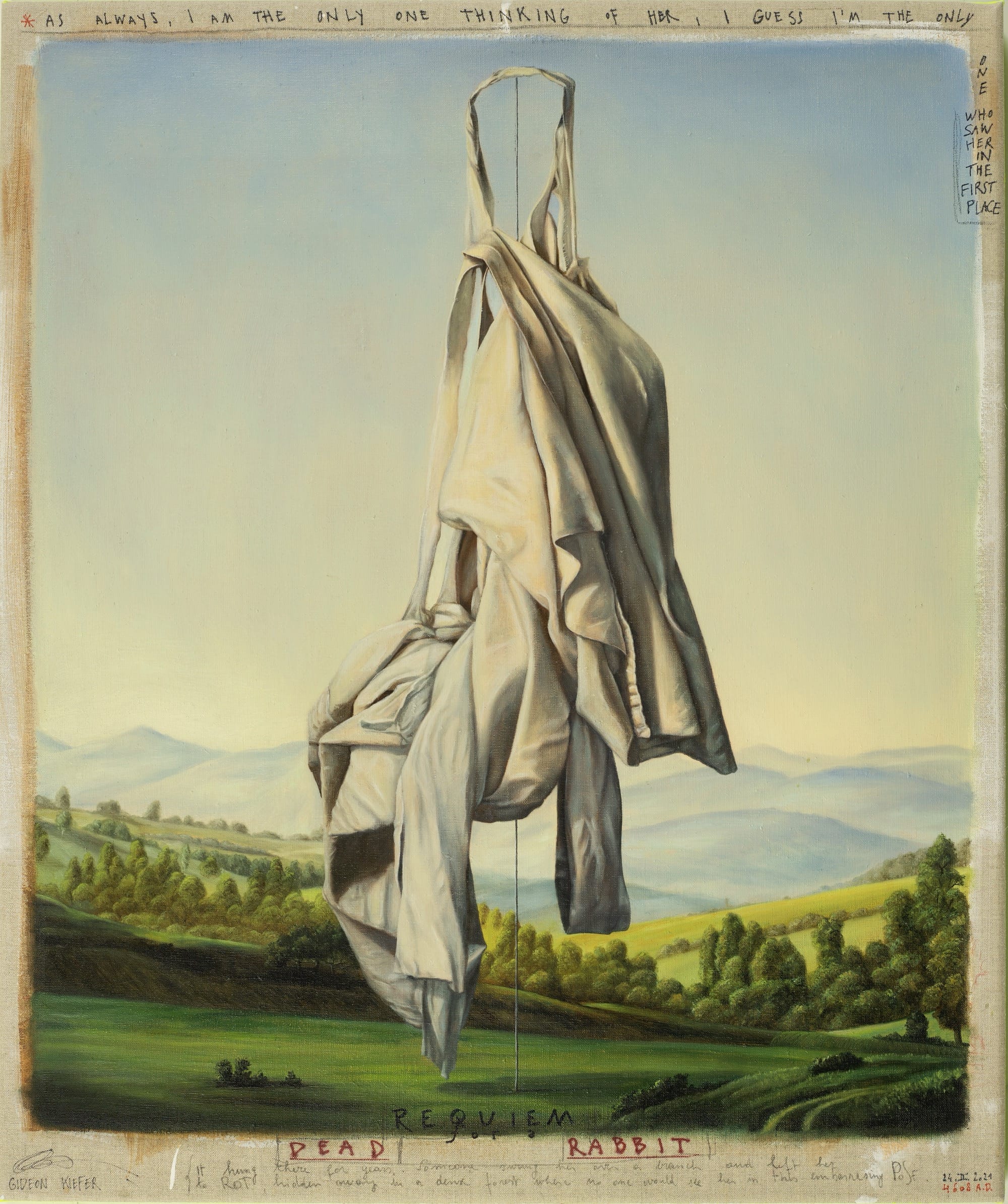 A painting by Gideon Kiefer of a draped piece of clothing in front of a countryside landscape, with some notations and color swatches around the edges