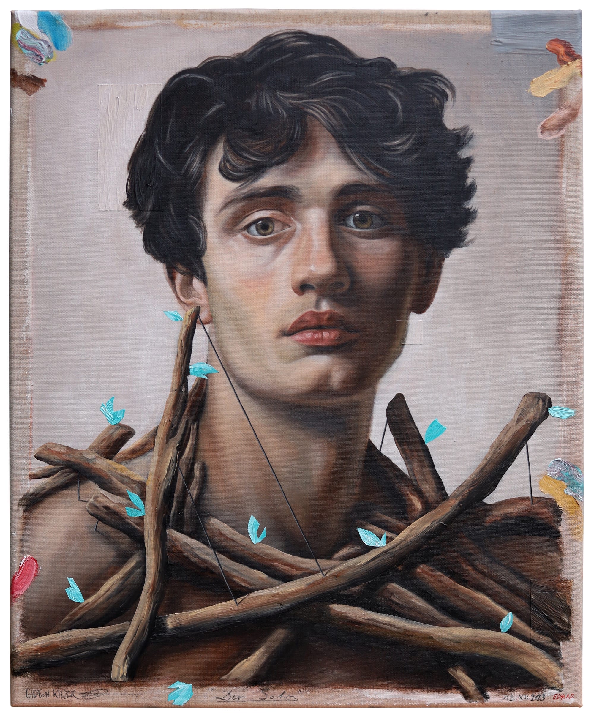 A painting by Gideon Kiefer of a solemn male figure's head and shoulders, surrounded by twigs, with some notations and color swatches around the edges