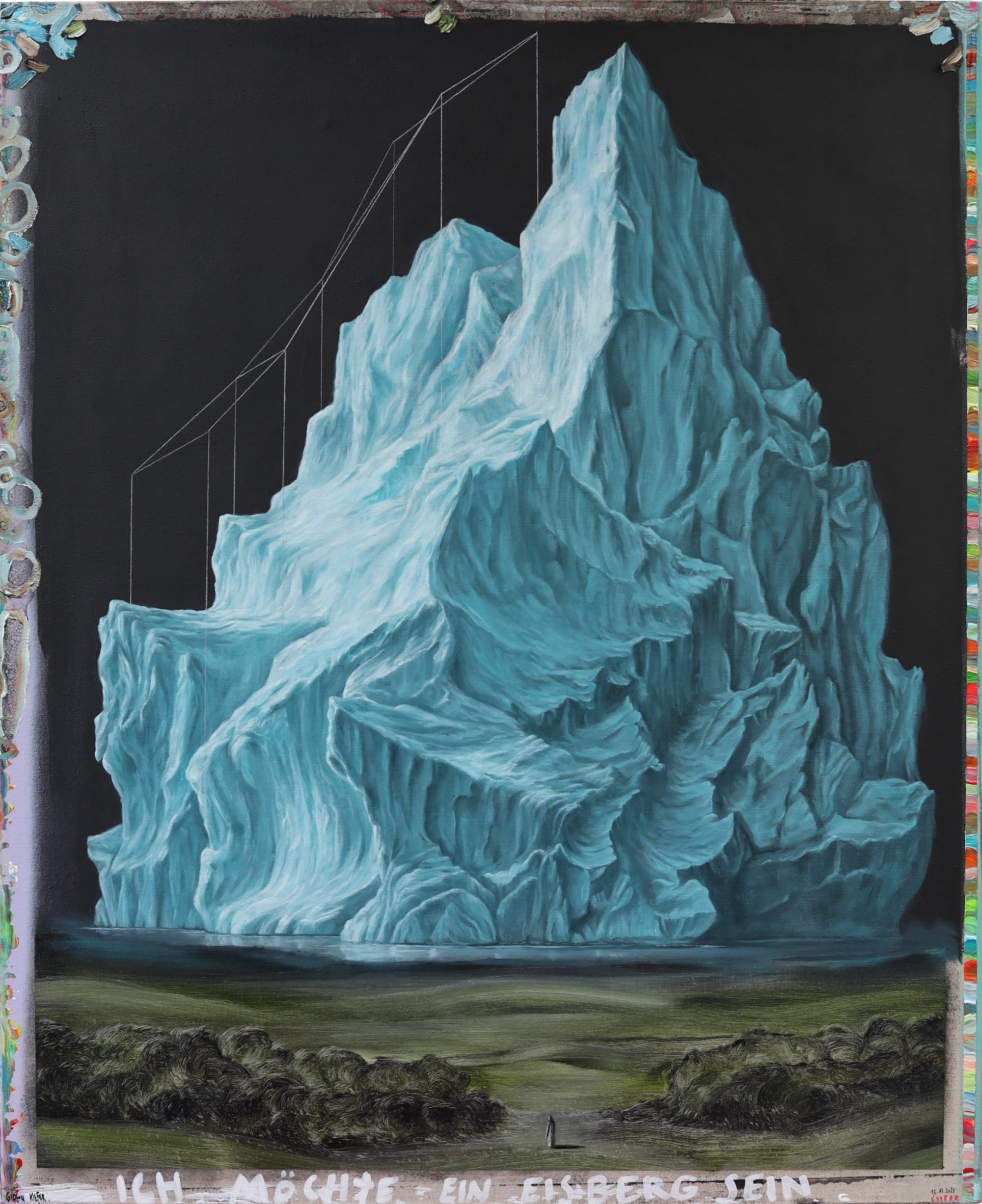 A painting by Gideon Kiefer of a large iceberg with some notations and color swatches around the edges