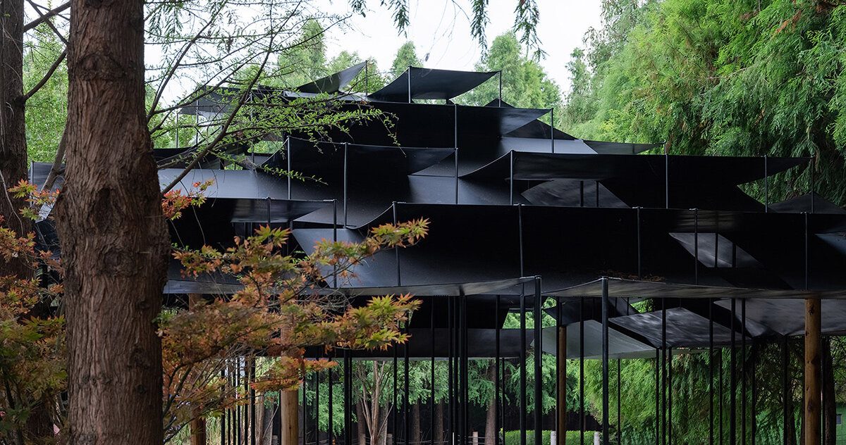 atelier deshaus tops laoyuting pavilion with fragmented modular roof in chinese wetlands