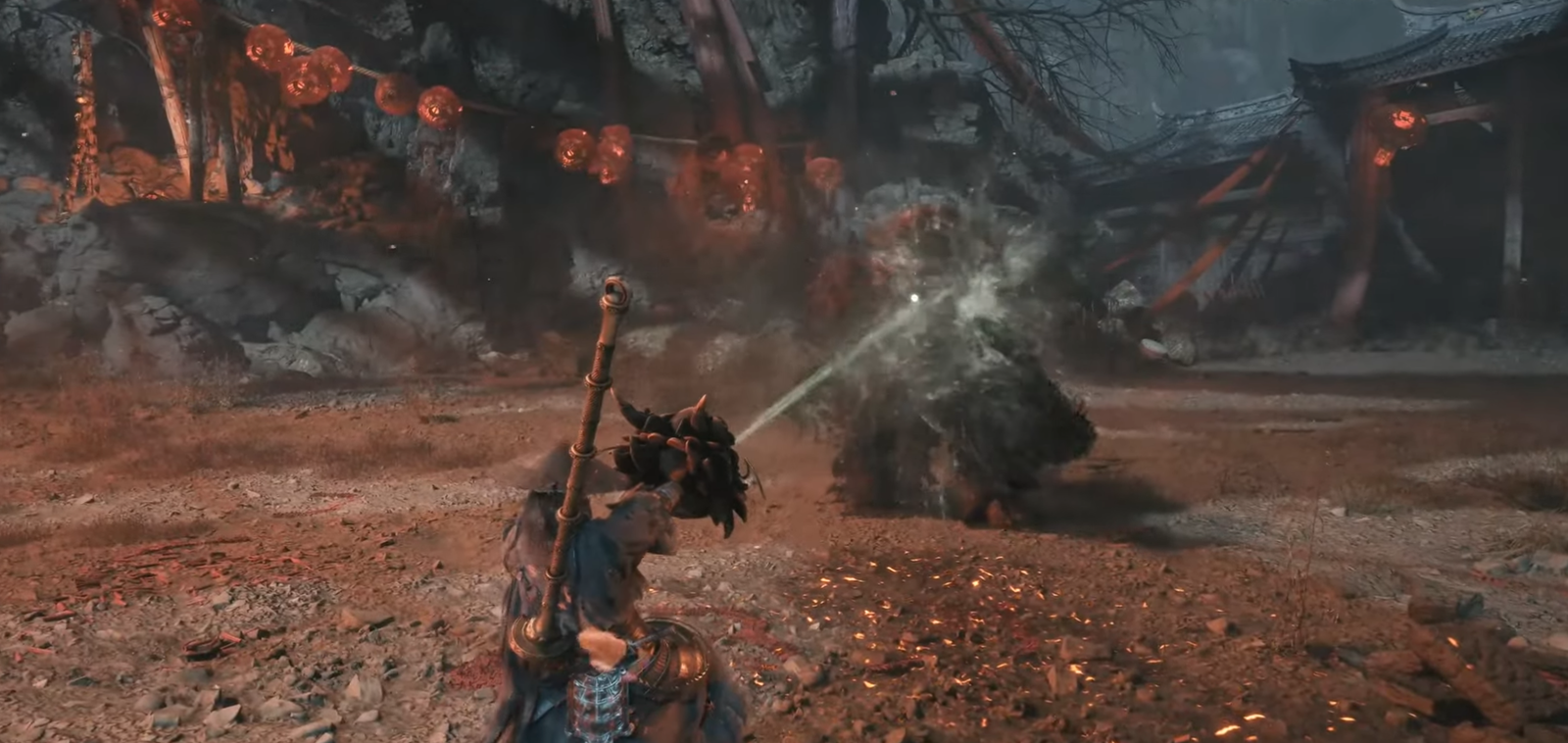 A samurai sprays water at an enemy