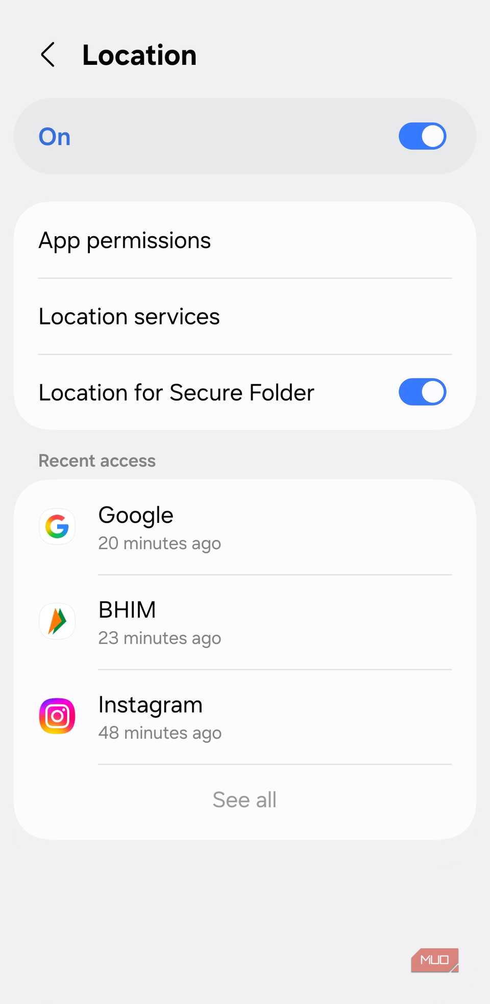 Location menu on Android