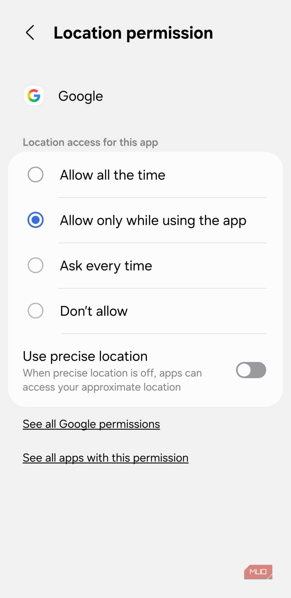 Location permission menu on Android
