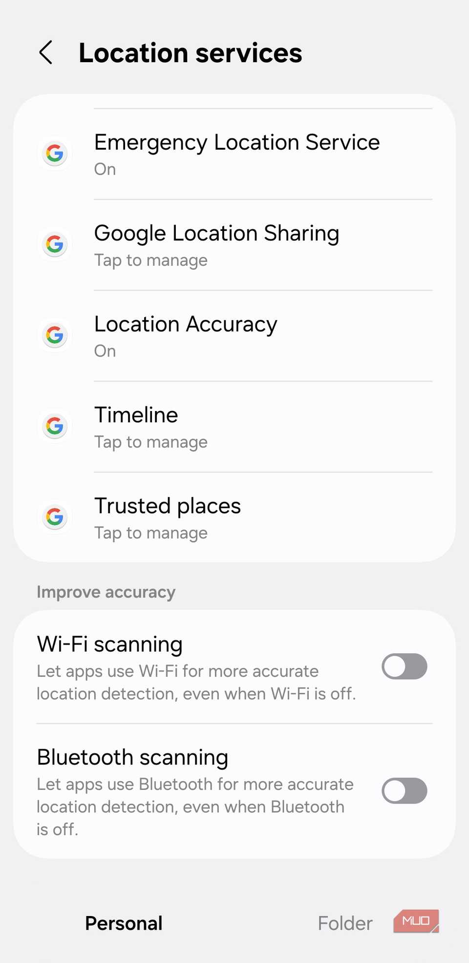 Location services menu on Android