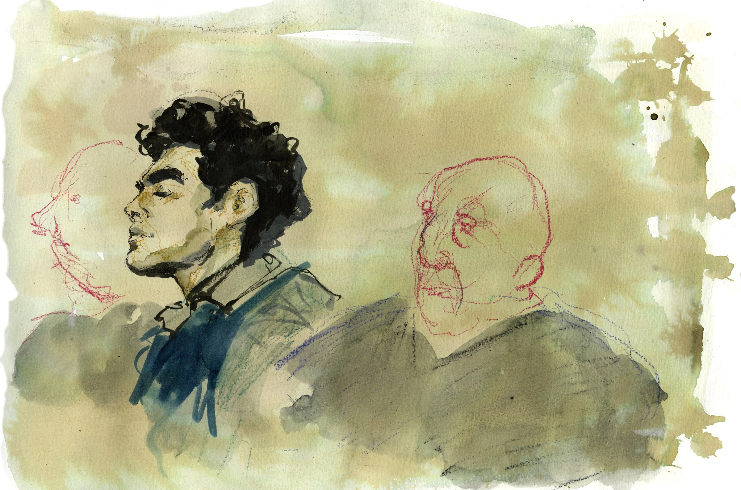 Luigi Mangione arrives, flanked by police escort. Drawing.