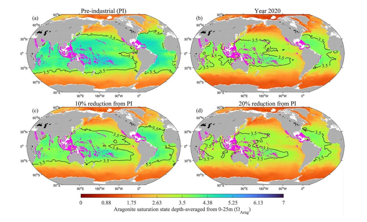 Maps Of Surface Ocean Aragonite Saturation State (Ωarag), Highlighting The 3.5 Contour To Show The Regions That Can Be Considered Marginal Conditions For Coral Systems, With Coral Reefs Distributi
