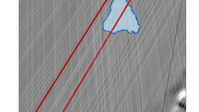 This map shows the approximate area ESA's Mars Express detected signal that scientists interpreted as an underground lake in 2018. The red lines indicate NASA's MRO's path.