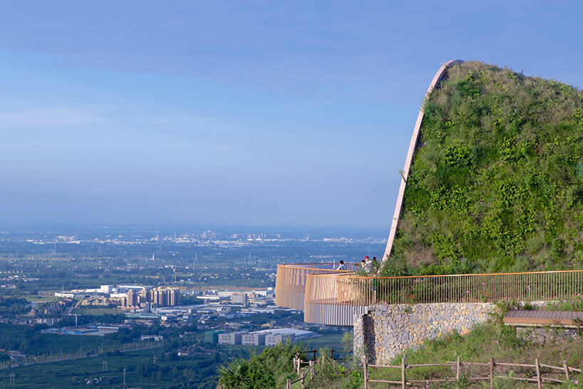 MVRDV perches arched, earth-covered timber pavilion among the hills of chengdu, china