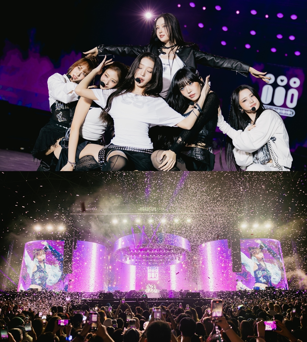 Girl group iii performs during the Dream Concert at Etihad Park in Abu Dhabi, the United Arab Emirates, in the top photo, while fans cheer during the show in the bottom photo. (KEPA)