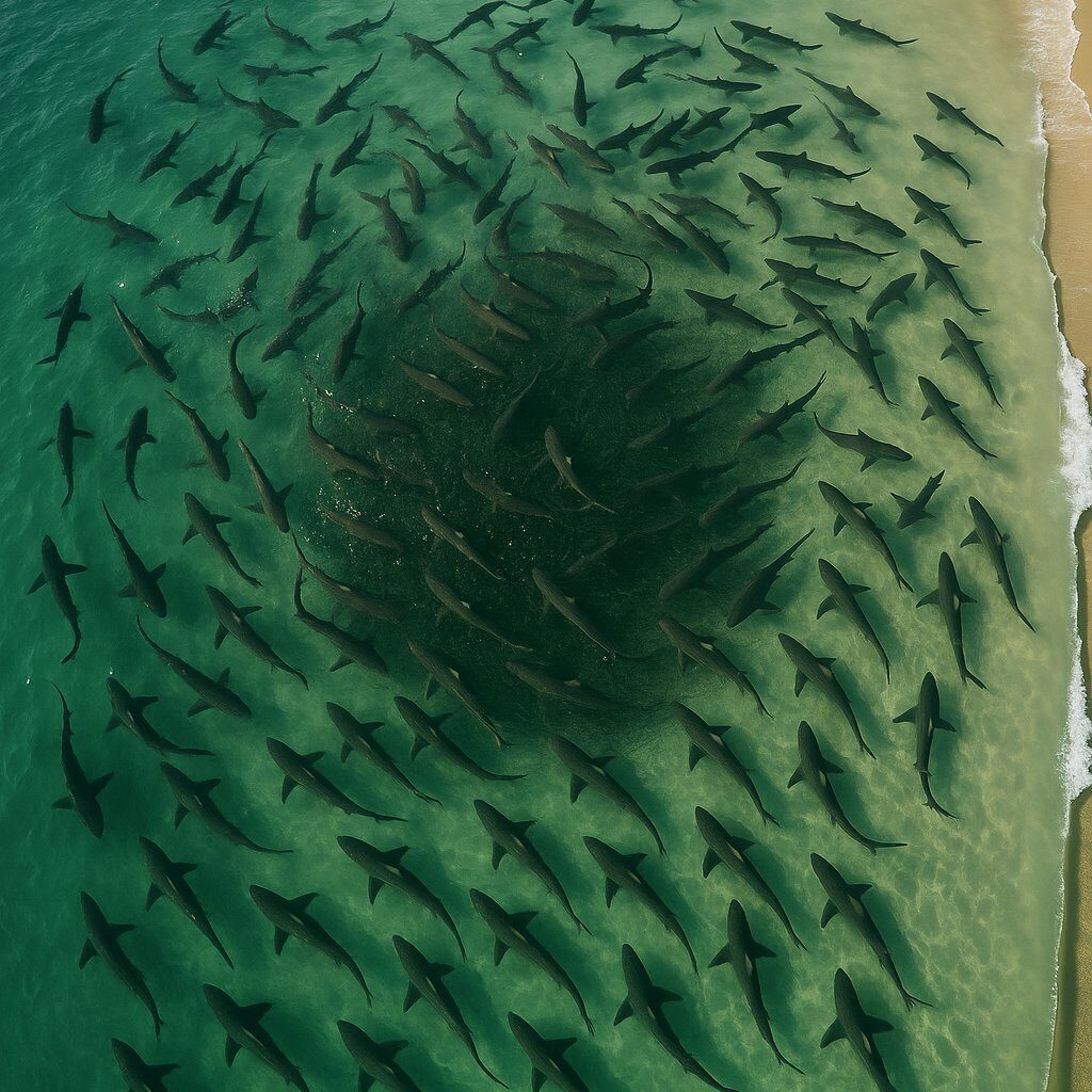Dozens of Sharks Swarm the Shallows in Byron Bay
