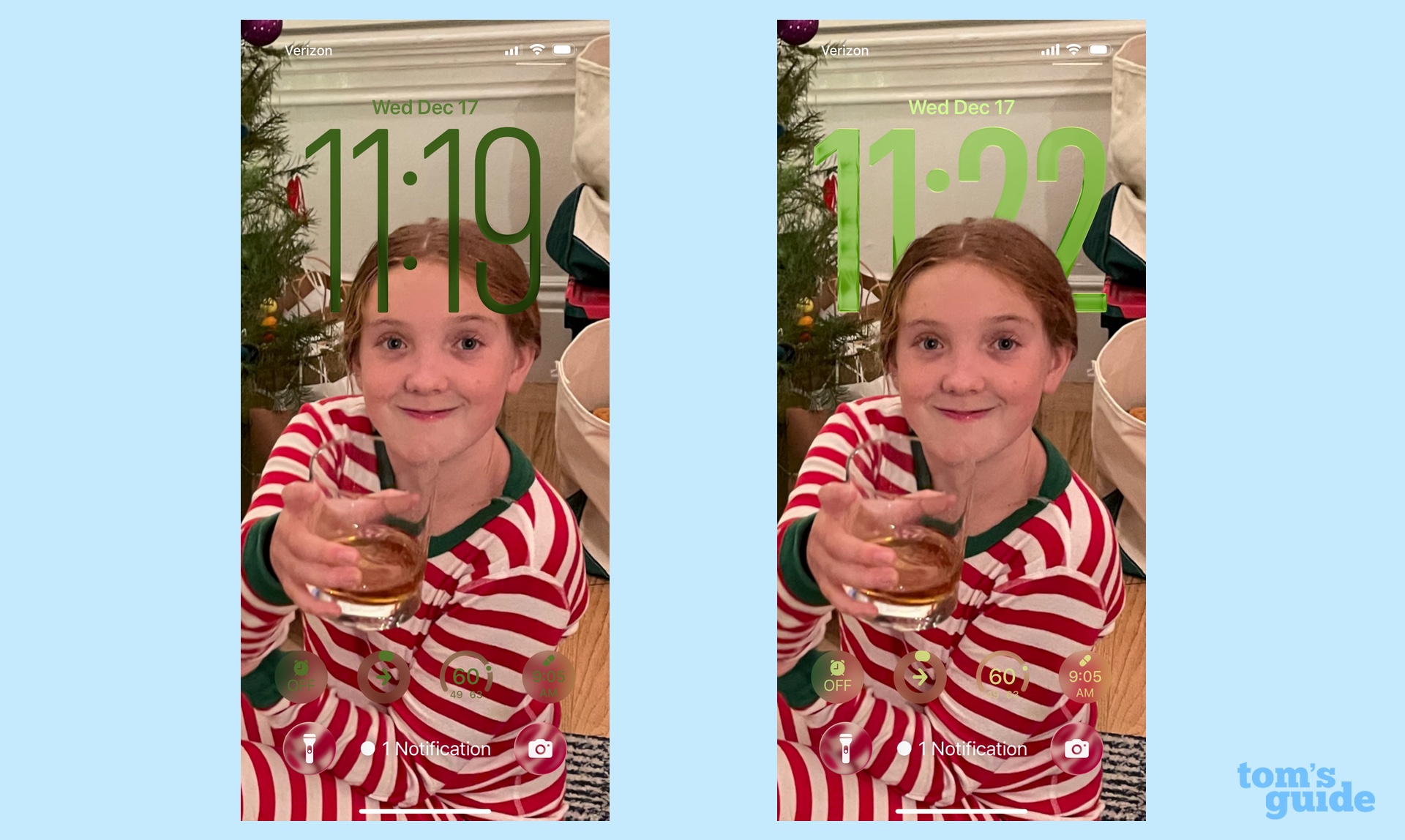 iOS 26 lock screens before and after using the iOS 26.2 transparency slider on the clock