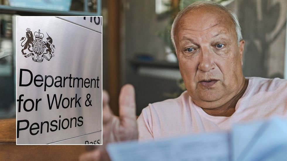 Older man looking shocked and DWP sign