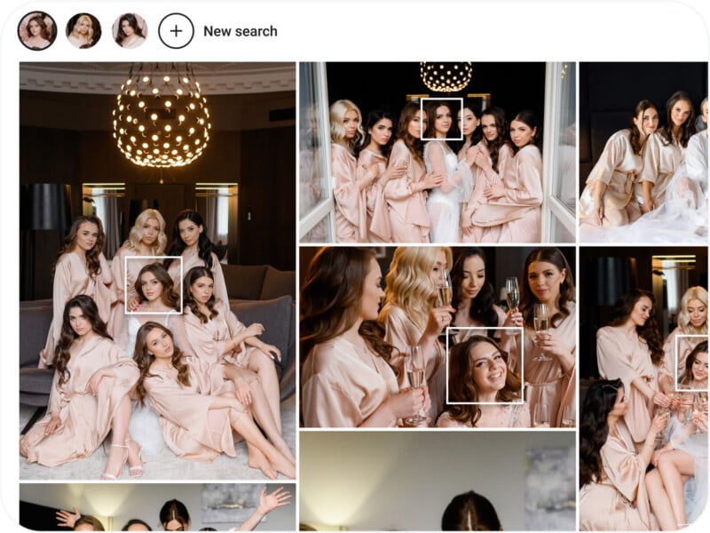 A collage of women wearing matching satin robes, posing together indoors in a modern, elegant setting, some holding drinks, smiling, and embracing, suggesting a bridal or bachelorette celebration.