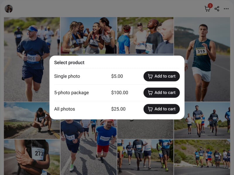 A photo purchase menu overlays a collage of marathon runners. Options are: Single photo for $5, 5-photo package for $10, or All photos for $25, each with an “Add to cart” button.