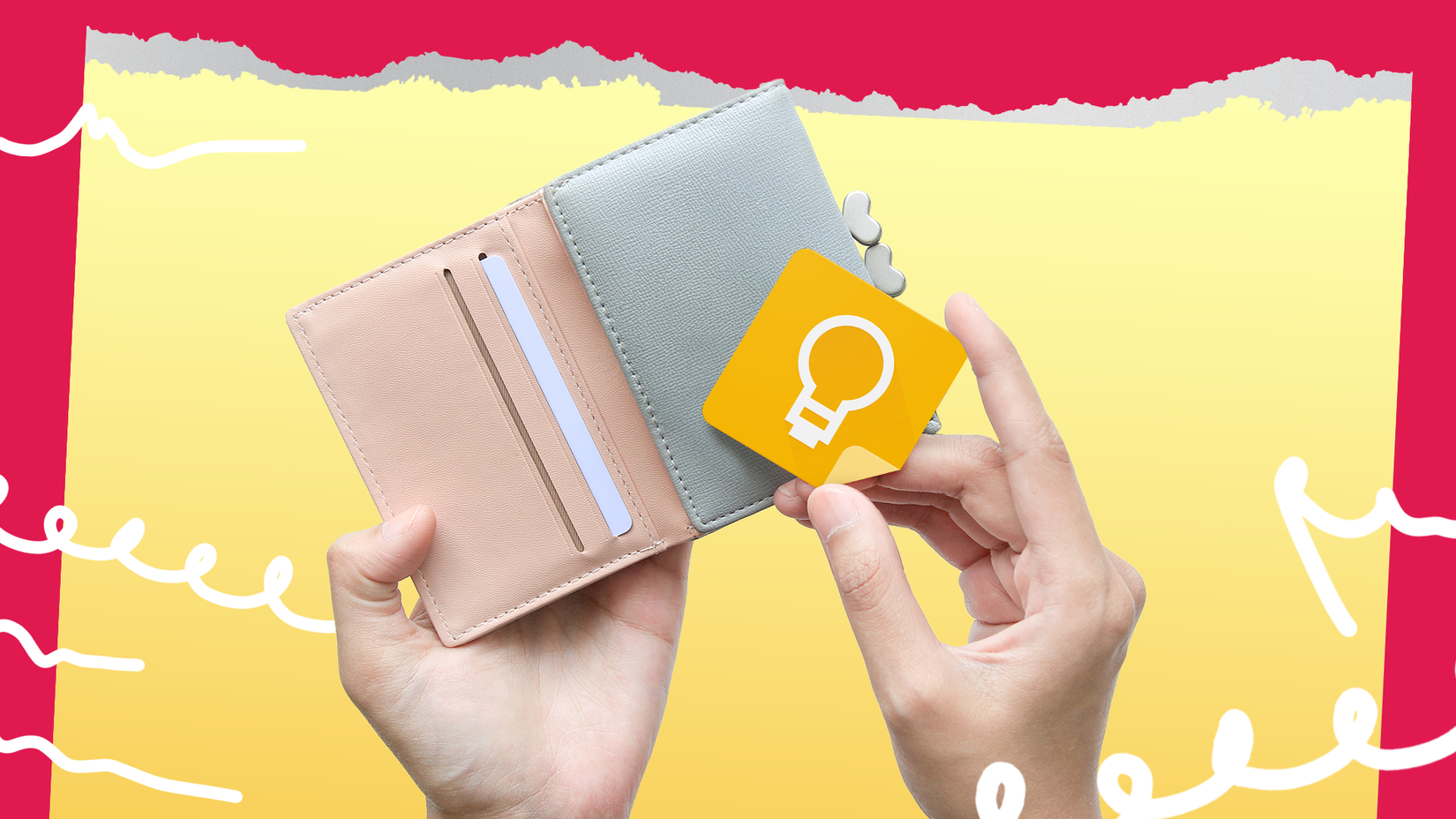 Open wallet in one hand and the Google Keep logo in the other, set against a colorful backdrop.