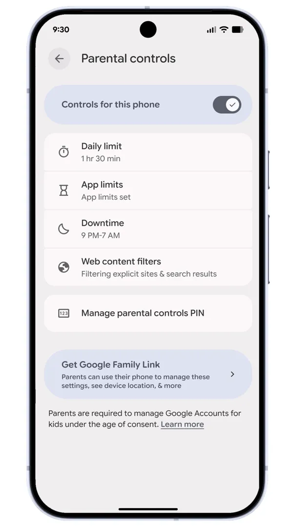 Parental controls in the settings of an Android-powered phone