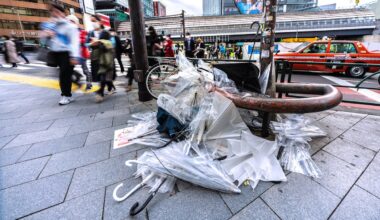 Discarded vinyl umbrellas piled up in Shibuya