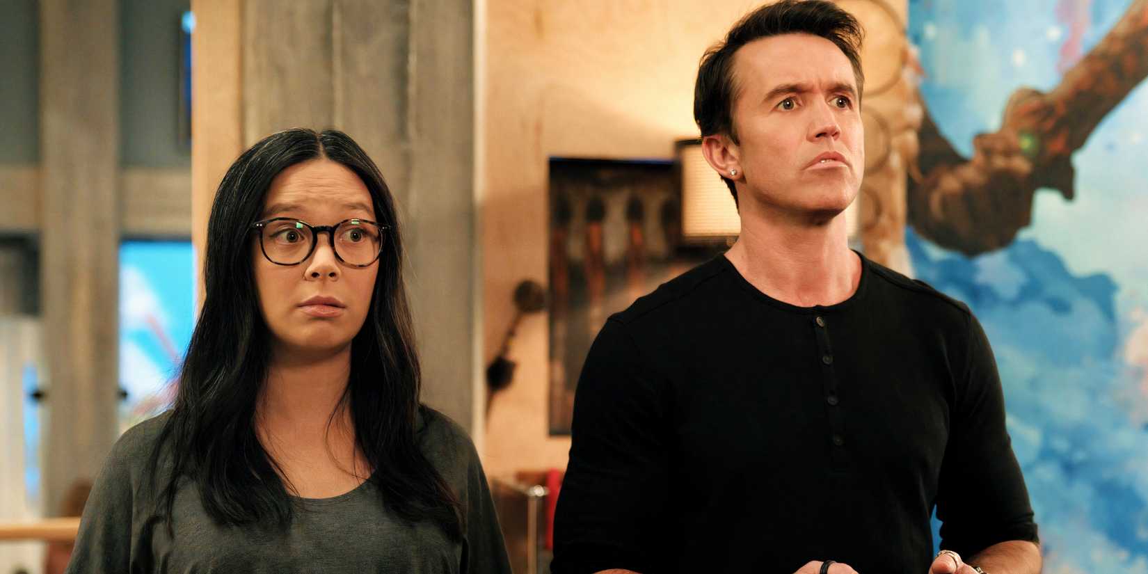 Poppy and Ian looking concerned in Mythic Quest season 4