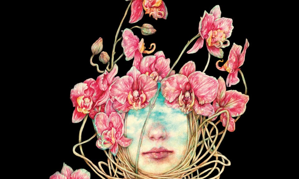 A colorful drawing of a portrait with a clouded sky as its face with a crown of orchids that seem to grow from the figure’s neck.
