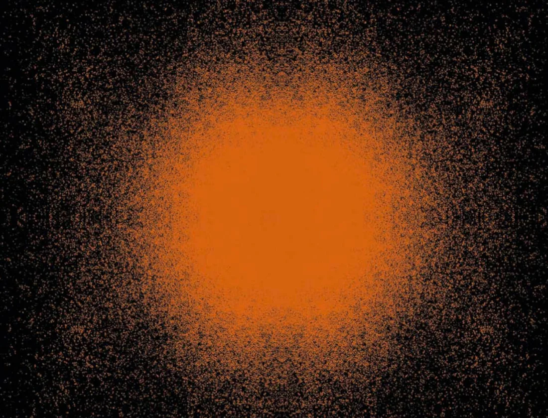 Illustration depicting entropy, orange particles gradually disperse from a thick orange circle in the centre of the image.