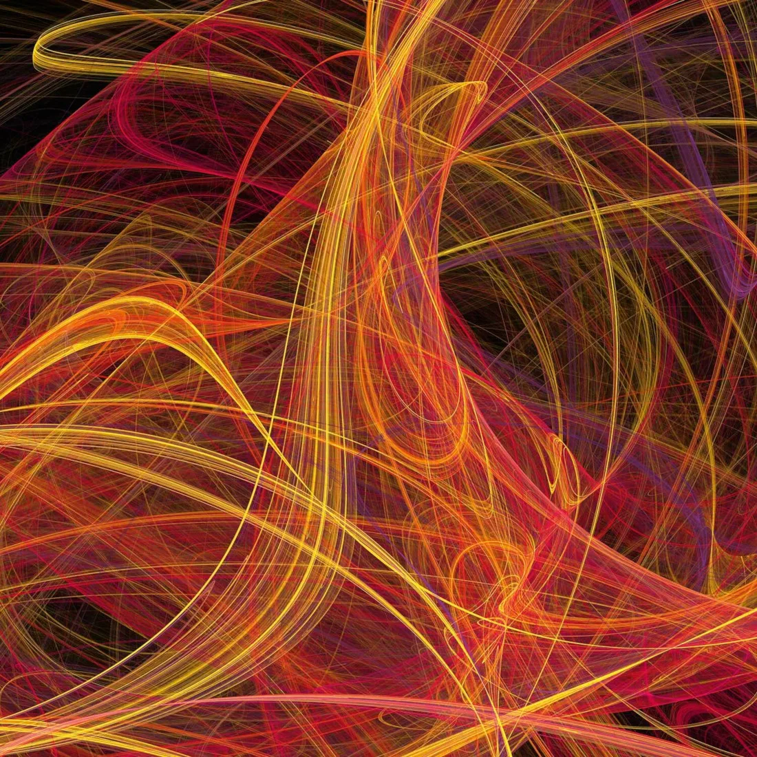 Illustration depicting superstring theory - red, yellow, orange and purple wavy lines cross over each other.