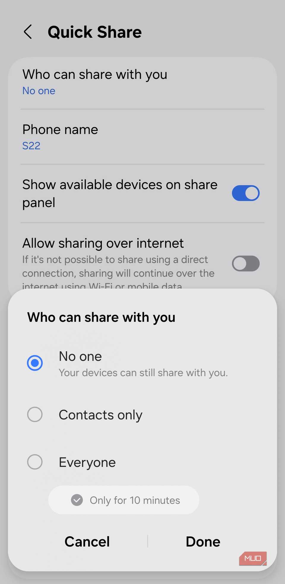 Quick Share settings on Android phone