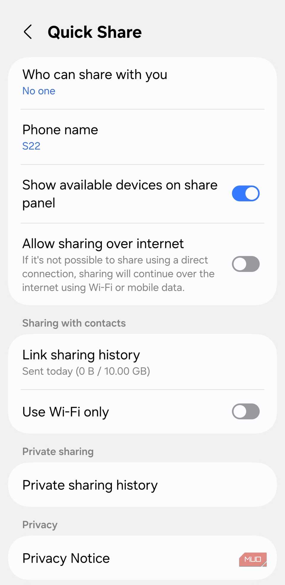 Quick Share settings on Android