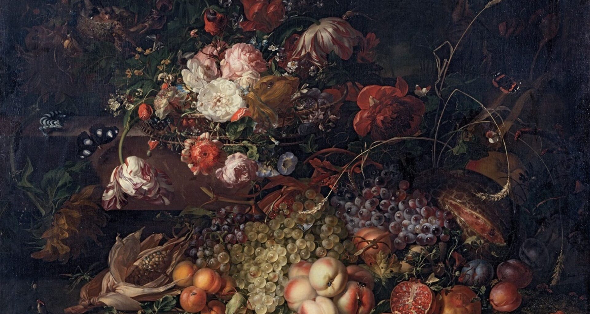 a colorful Dutch still life of flowers on a black background