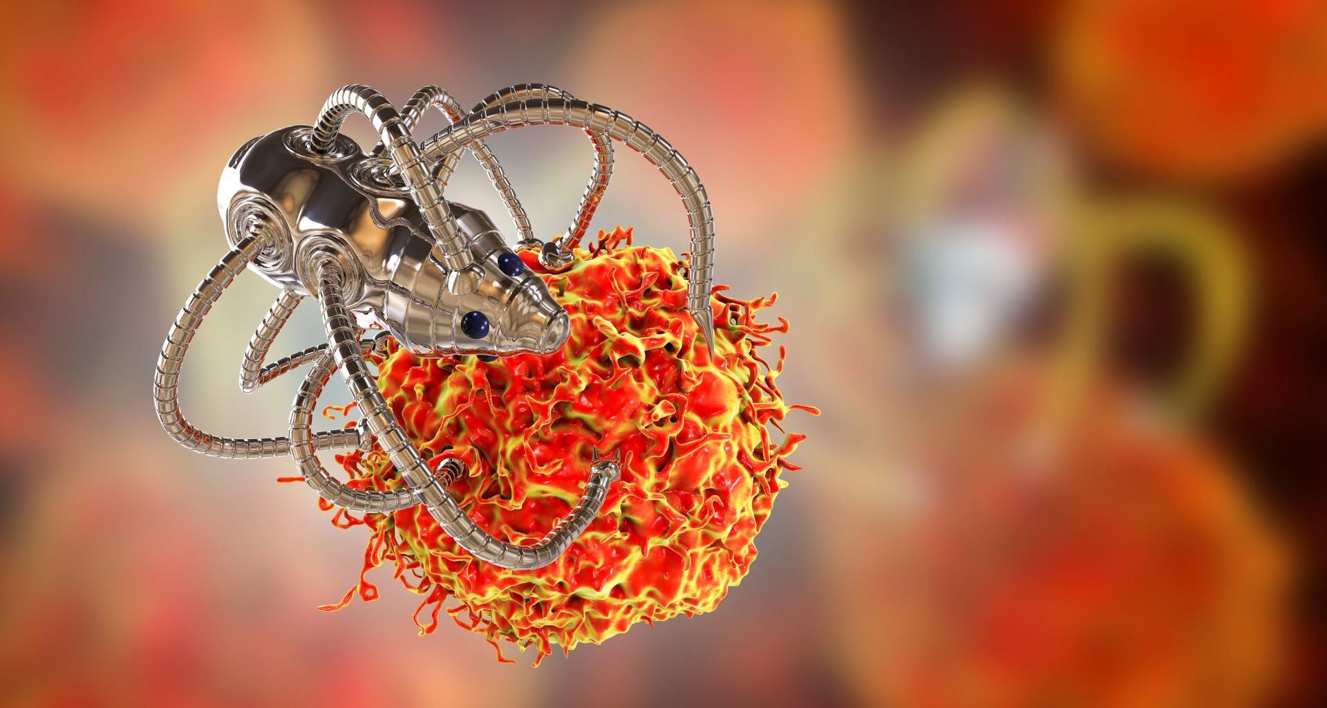 Illustration of a spider-looking metal robot grasping a cancerous cell.