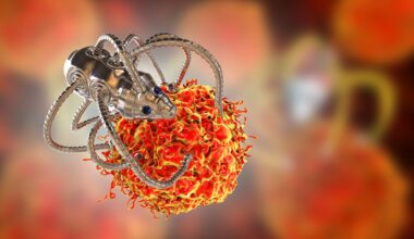 Illustration of a spider-looking metal robot grasping a cancerous cell.