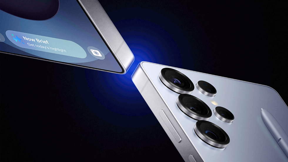 Samsung Galaxy S25 Ultra pictured with its Now Brief summary shown on-screen