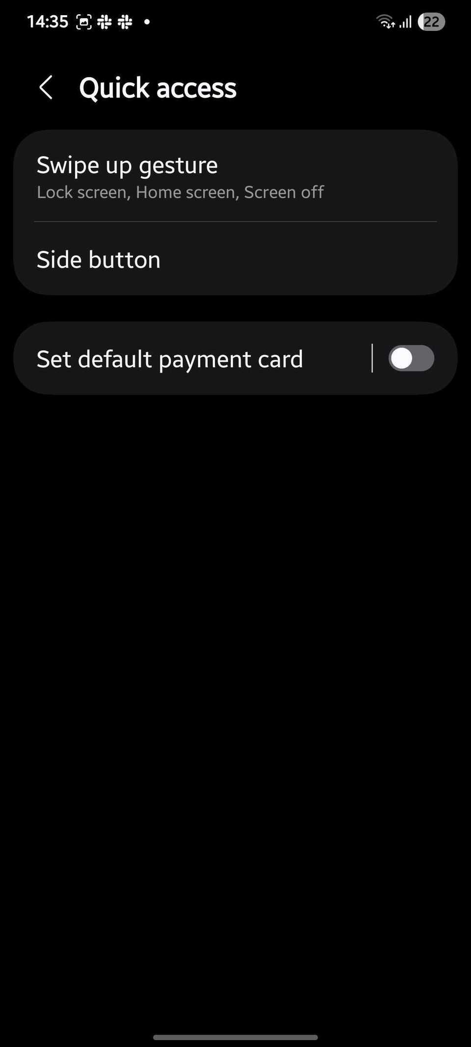 Screenshot showing Quick access page in Samsug Wallet settings
