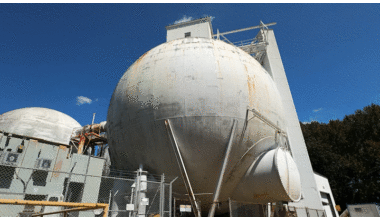 Views of the 60-foot vacuum sphere in the which the plume-surface interaction testing is happening.